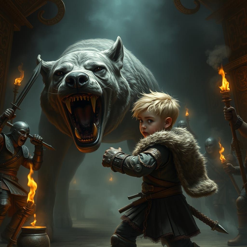 Celtic Boy Battles Giant Dog in Dark Hall
