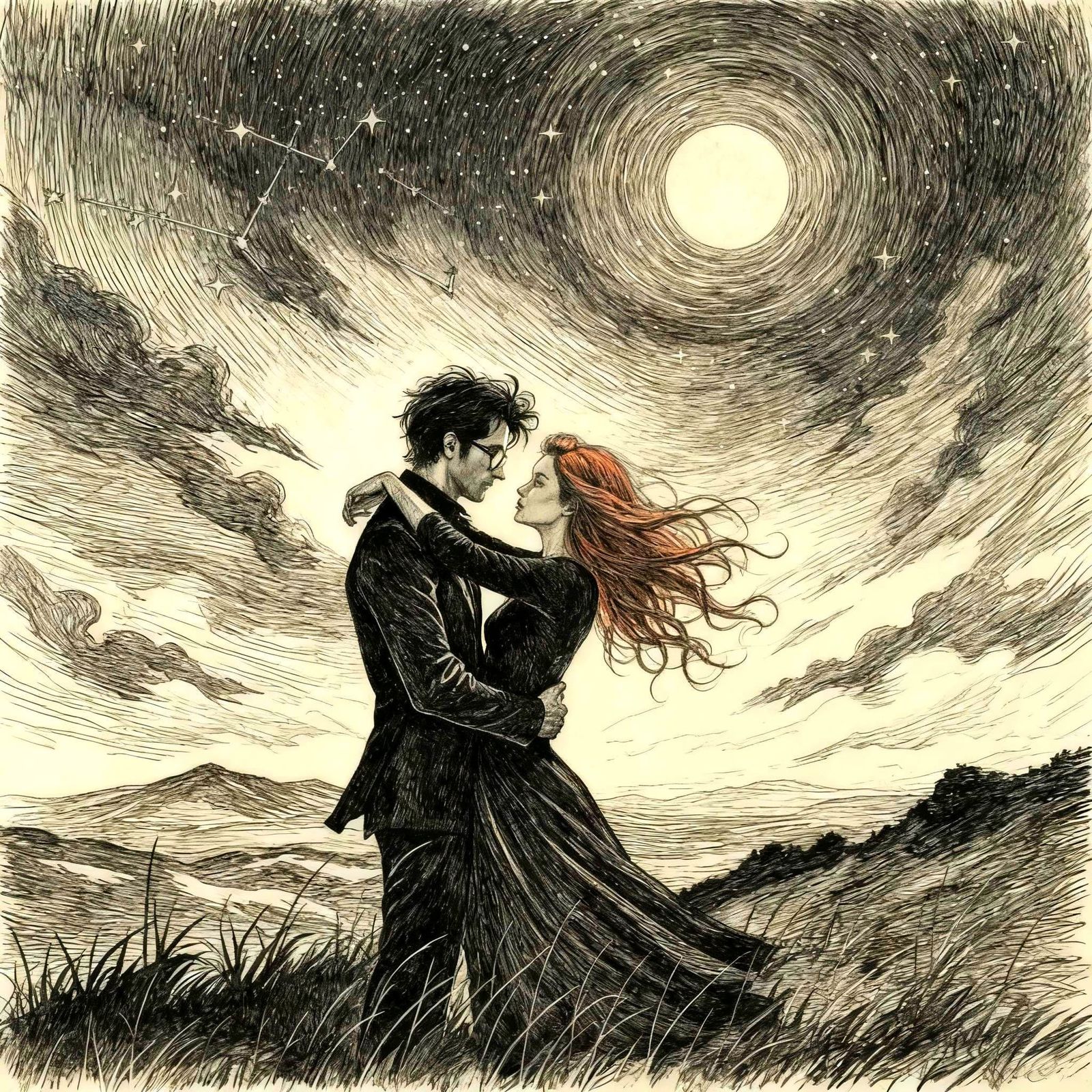 Couple on Starry Hilltop in Ink Drawing Style