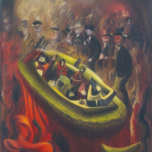 Expressionist Oil Painting: Coffin in Wine River