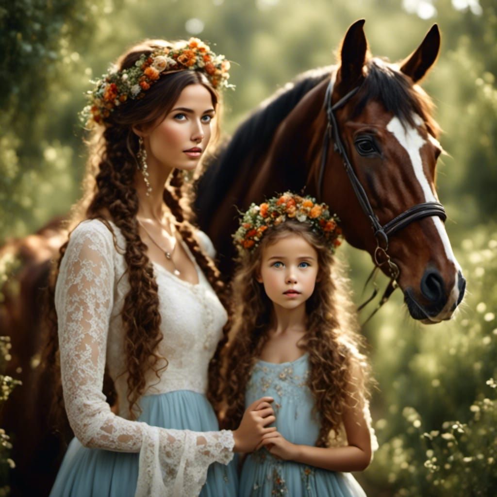 Realistic Portrait of Mother and Daughter in Hippie Style