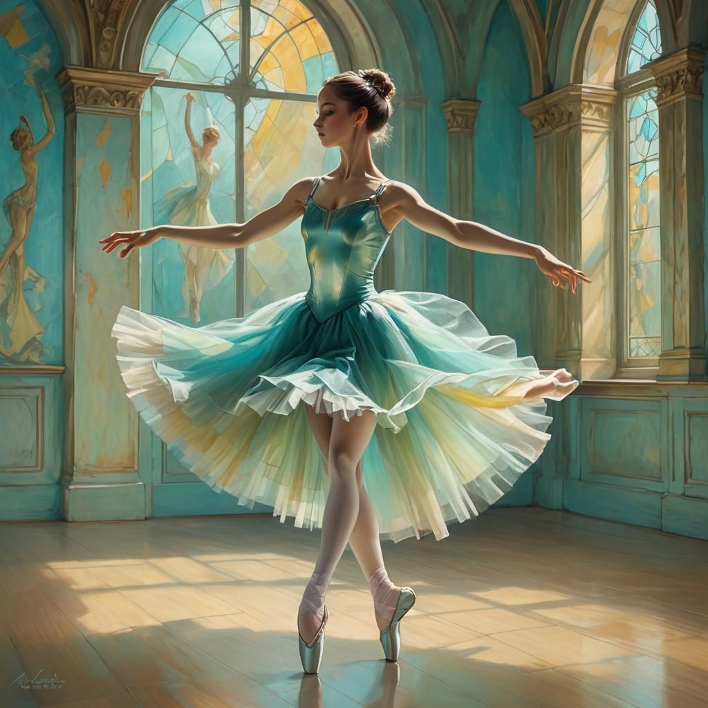 Elegant Ballerina in Castle, Alphonse Mucha Style