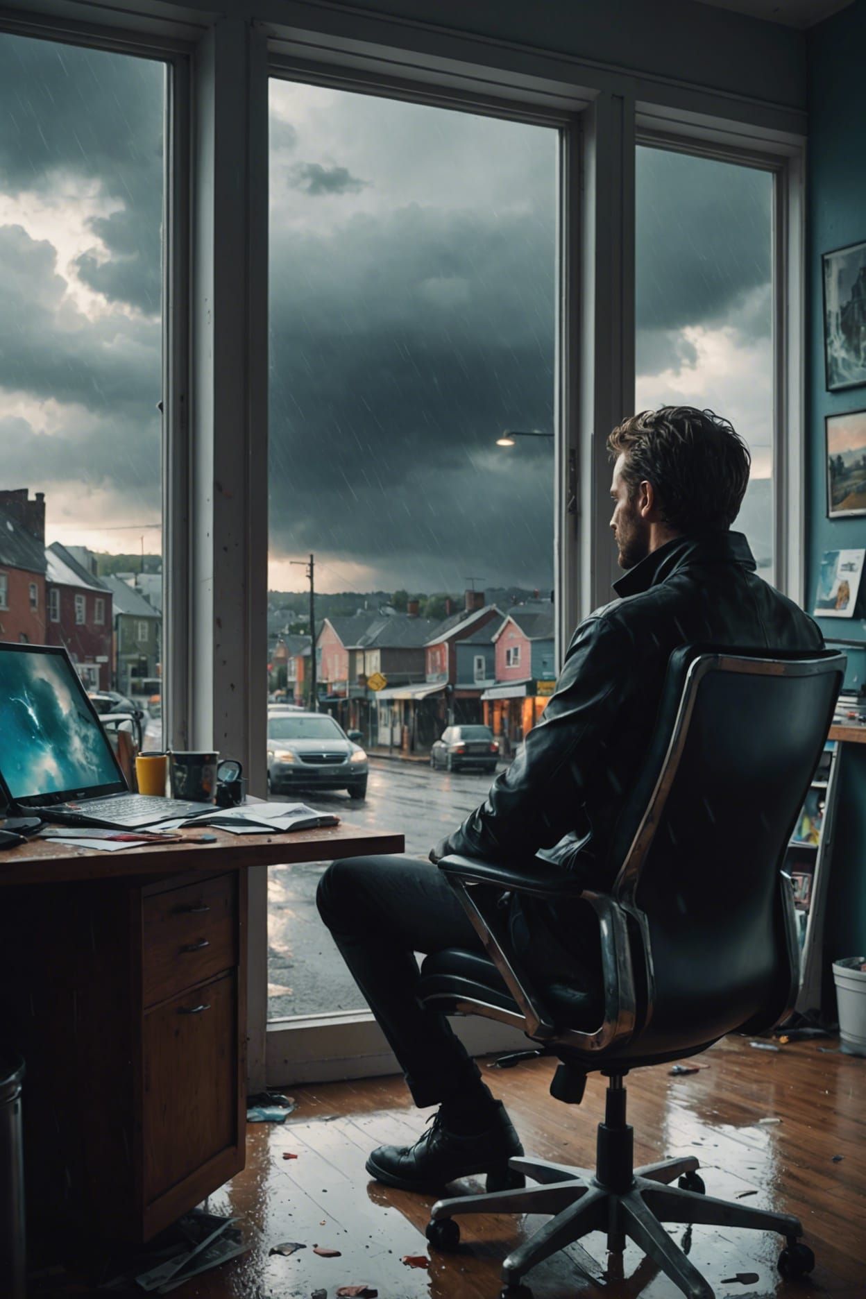 Sinister Chair Overlooks Stormy Town in Hyperrealistic Style
