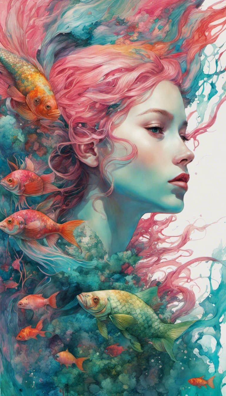 Neon Mermaid with Coral in Watercolor Style