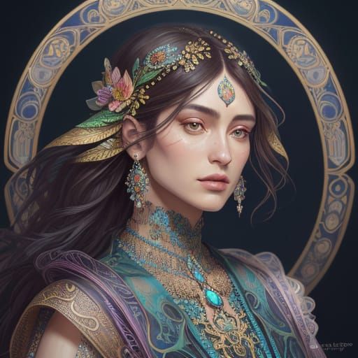 Hyperrealistic Goddess in Vibrant Art Nouveau Style