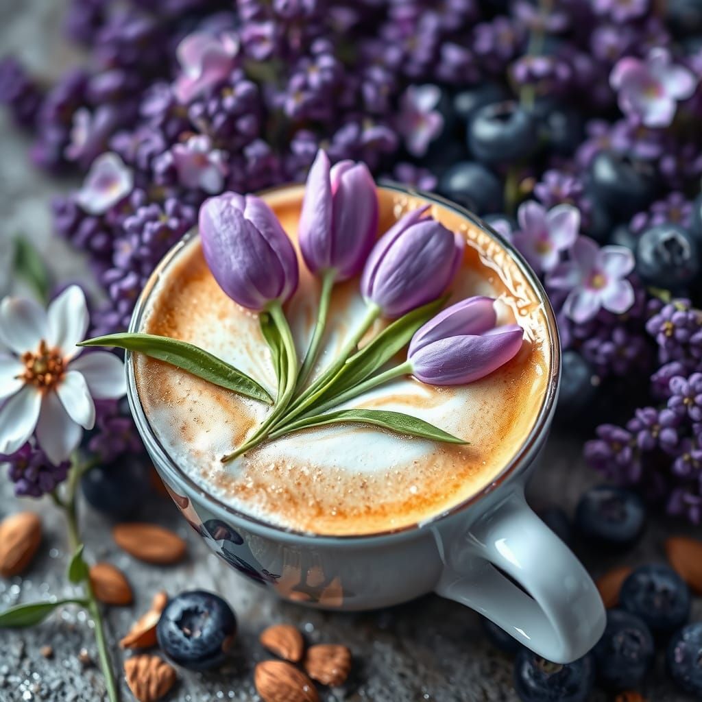 Lilac Tulip Latte Art in Watercolor Effect