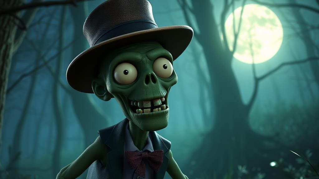 Smiling Zombie Emerging from Spooky Woods in 3D