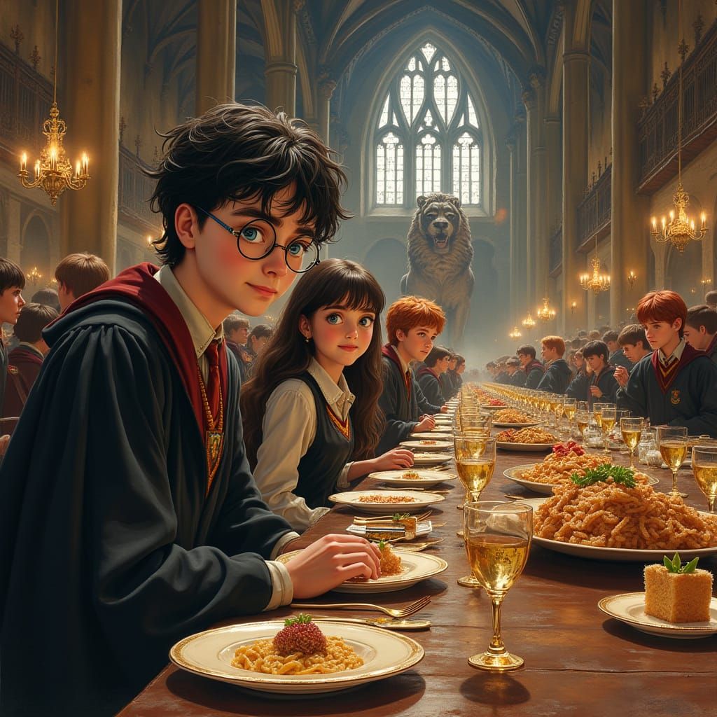 Hogwarts Great Hall Feast in Watercolor and Whimsical Style