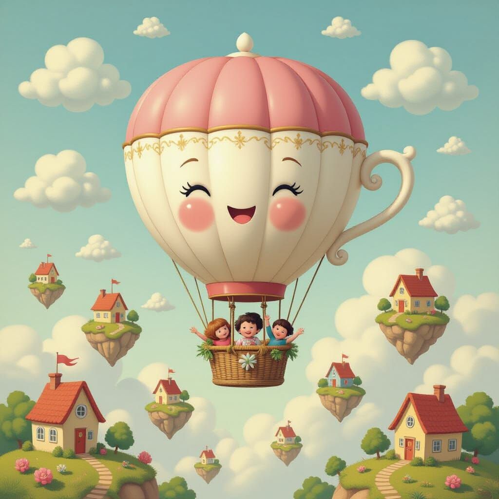 Teacup Hot Air Balloon Over Floating Islands