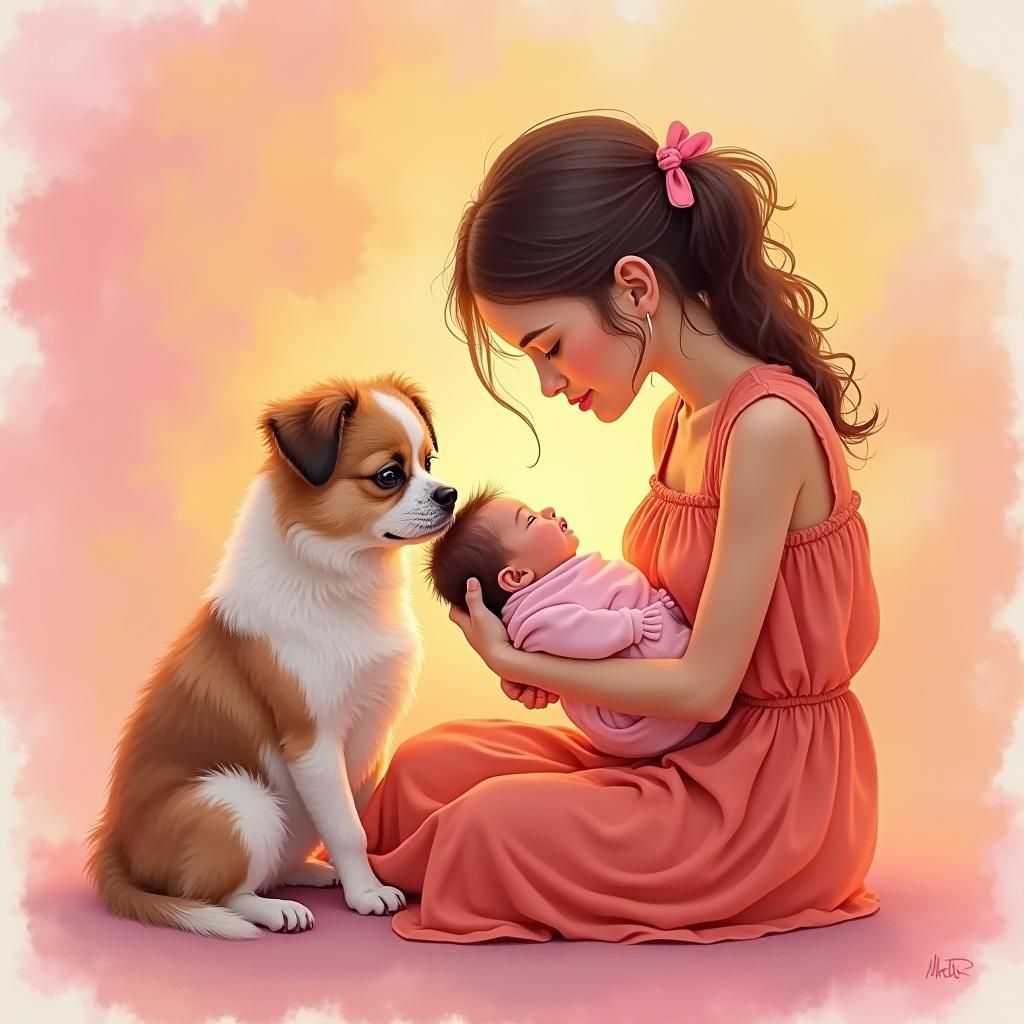 Mother and Child with Shih Tzu in Watercolor Style
