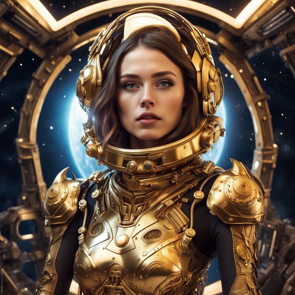 Detailed Gold Space Suit Girl Among Stars