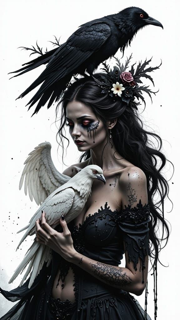 Goddess with Ravens: Digital Watercolor Fantasy Art