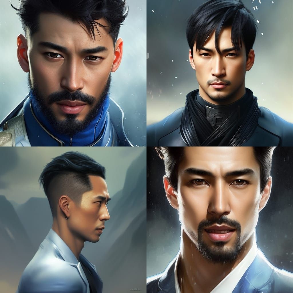 Mixed race half Caucasian half Chinese handsome man with blue eyes