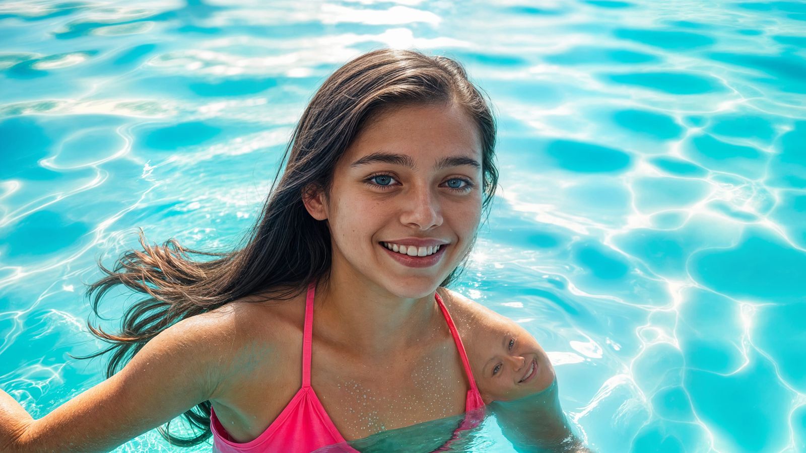 Girl Swimming in Turquoise Lagoon, Photorealistic Rendering