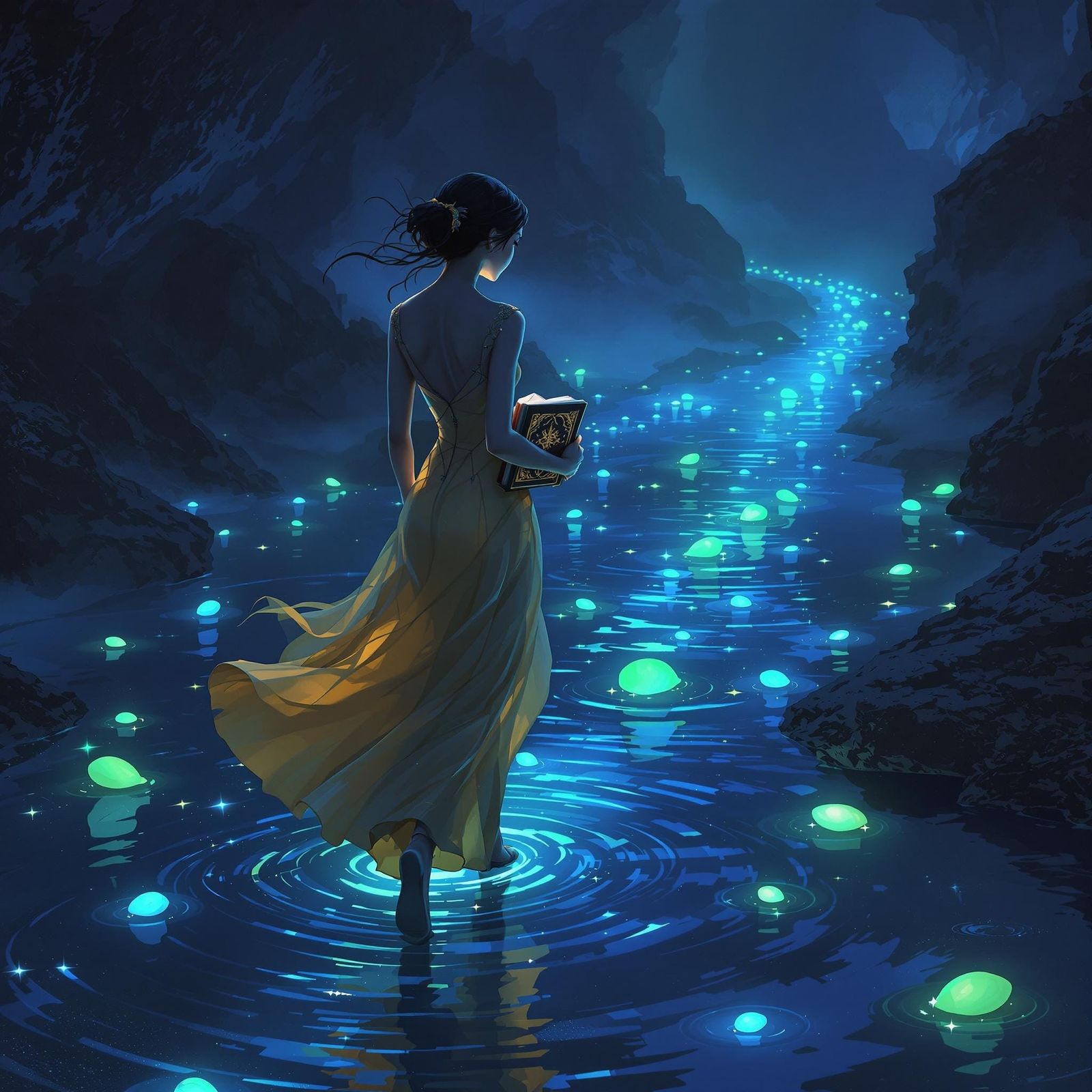 Ethereal Woman on Watery Path with Dreamy Textures