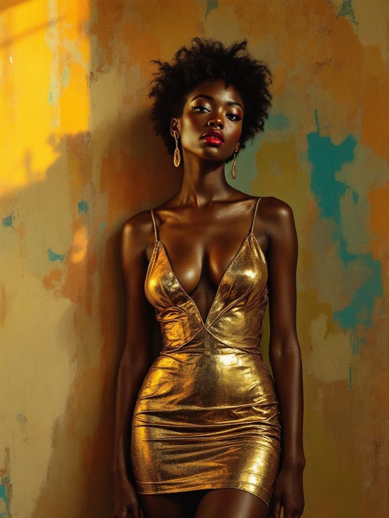 Swedish Pin-Up in Gold Dress with Shadow Geometry