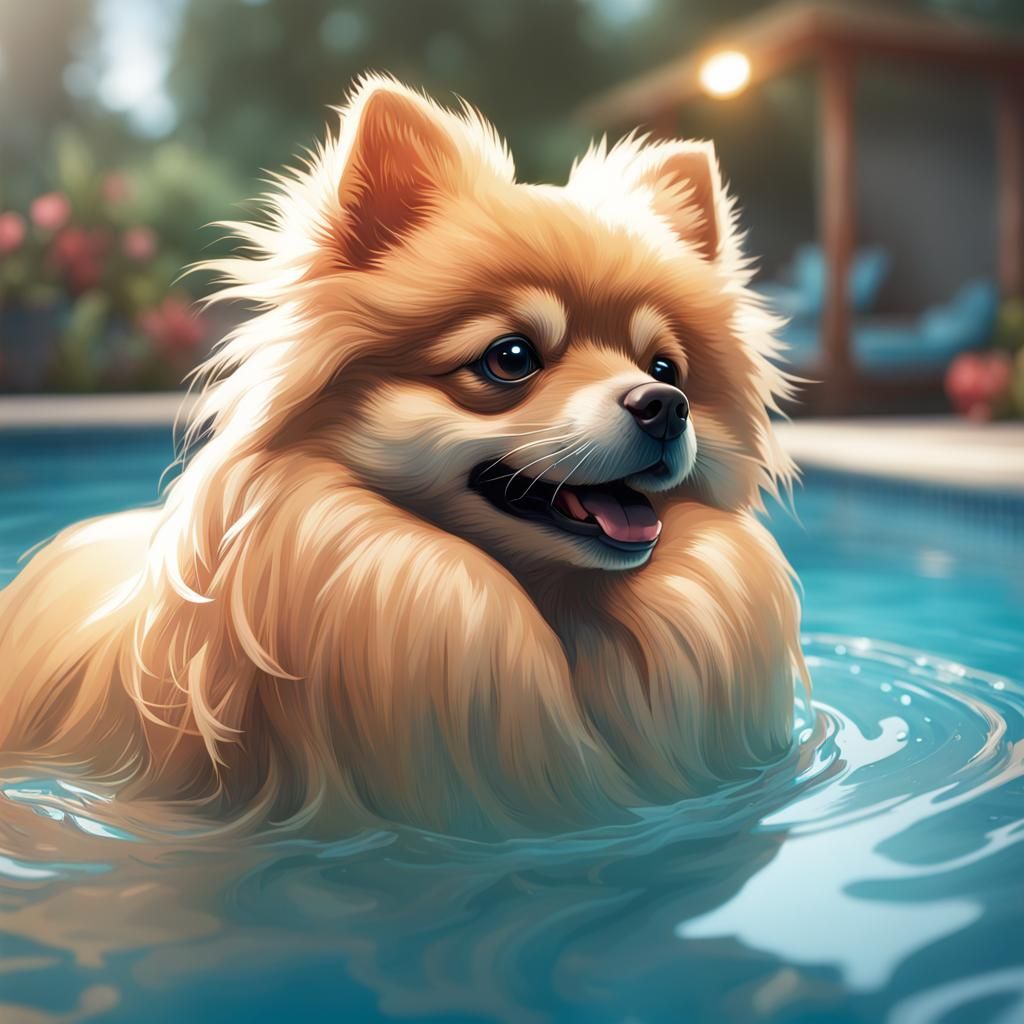 Pomeranian Portrait in Pool, Digital Art