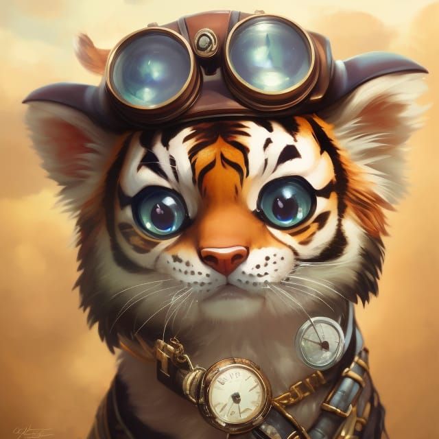 Adorable Steampunk Tiger Cub, Ghibli Style