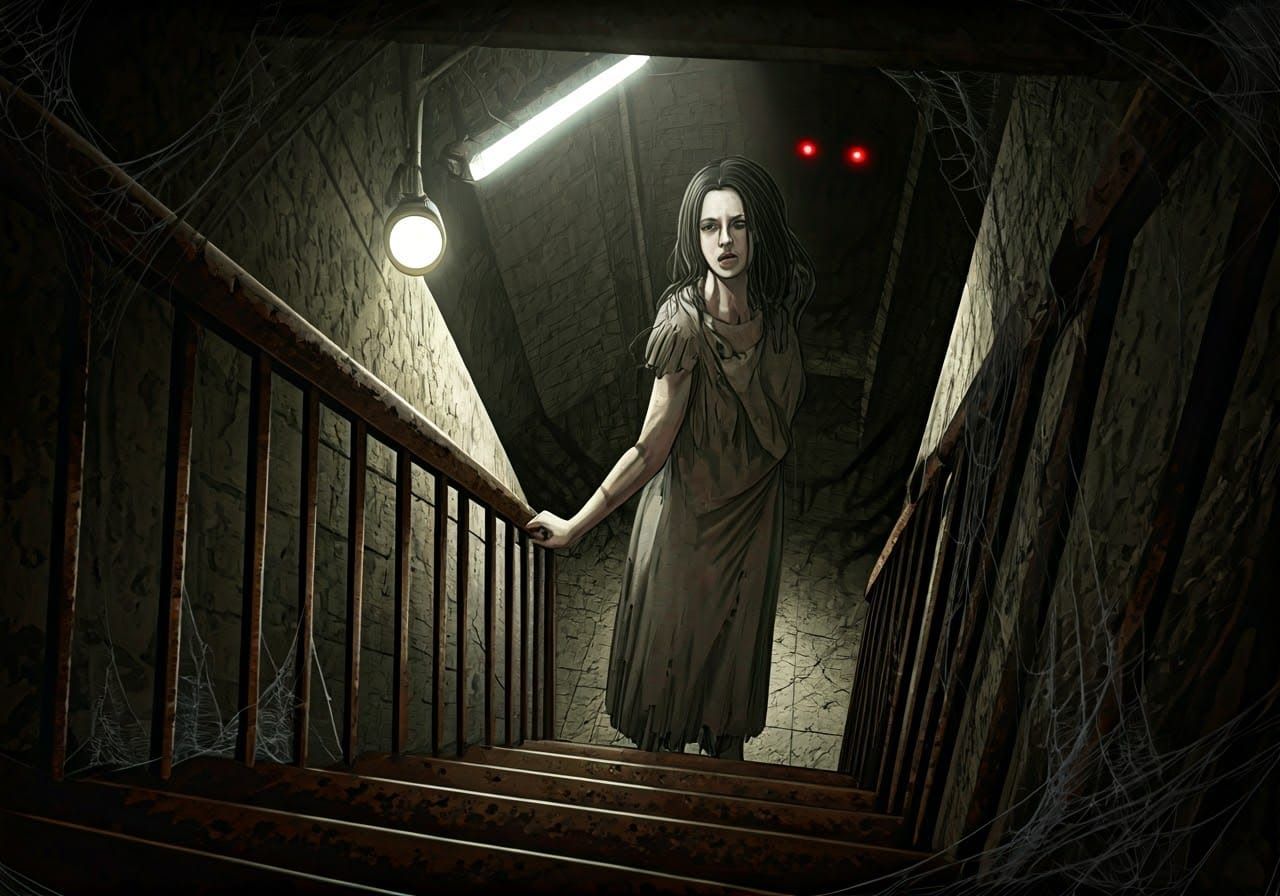 Terrified Woman Descending into a Giger-Inspired Basement