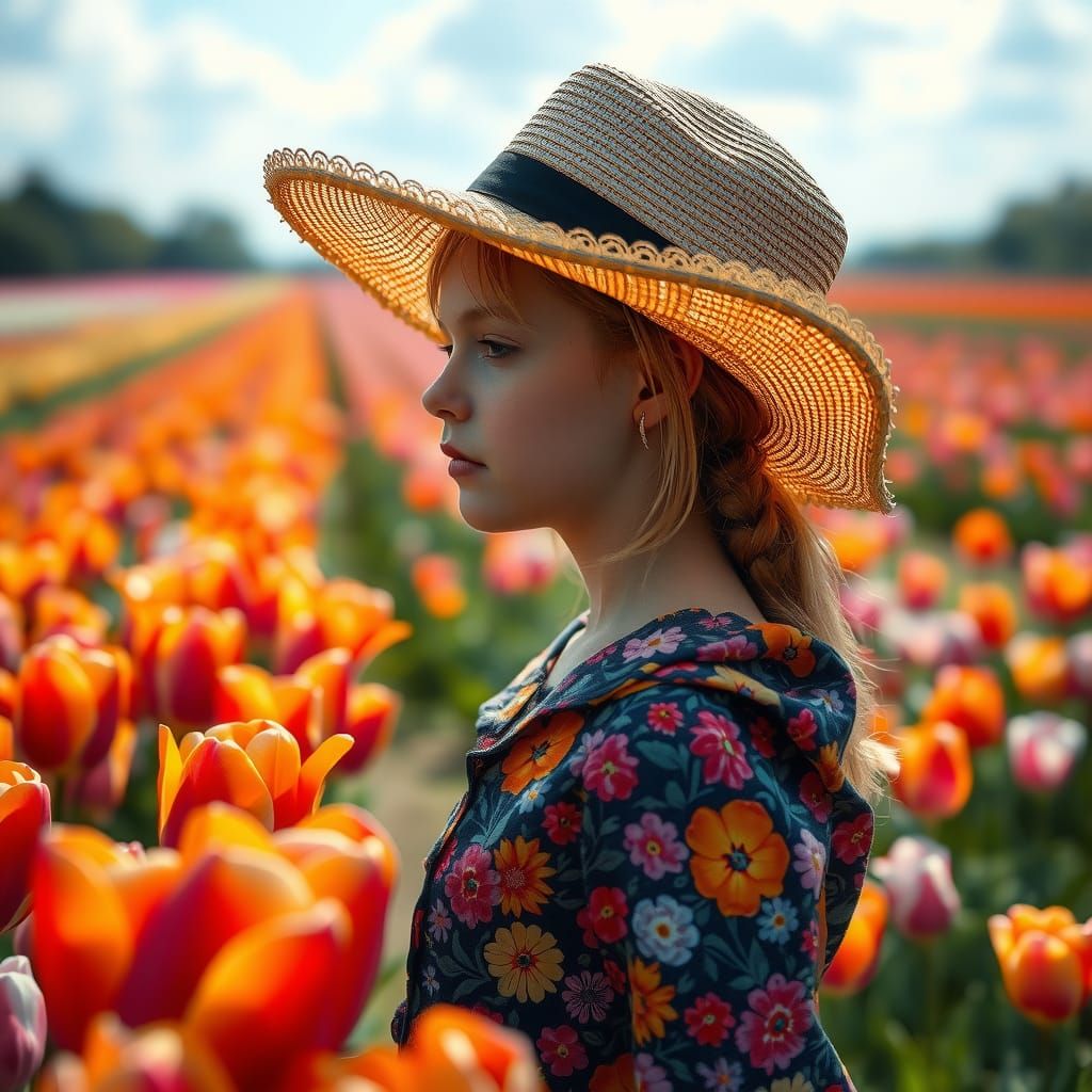 Dutch Girl in Tulip Field as Pointillist Dream