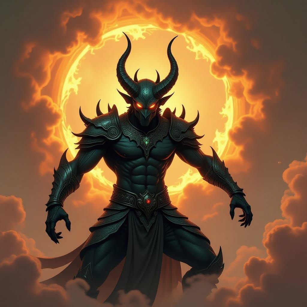 Eastern Demon Creature in Swirling Vortex of Fire and Light