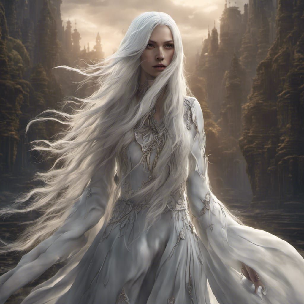 Fantastical White-Haired Woman in Detailed Digital Painting