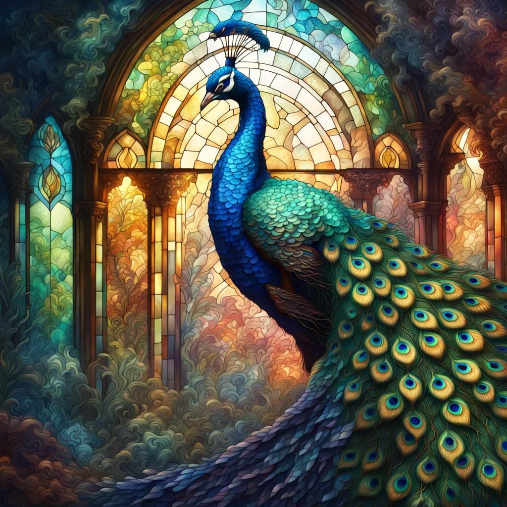 Underwater Stained Glass Mosaic: Peacock and King