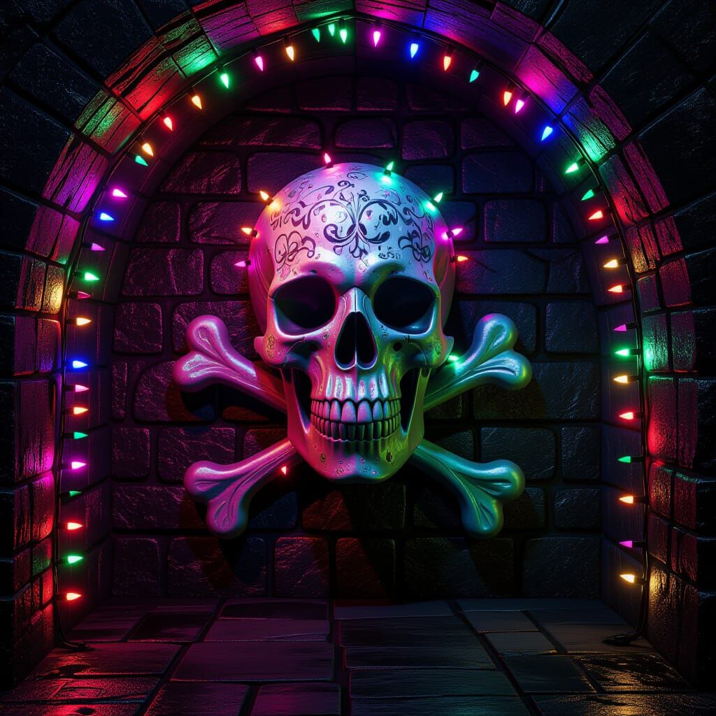 Skull and Crossbones Christmas Lights in Underground Crypt