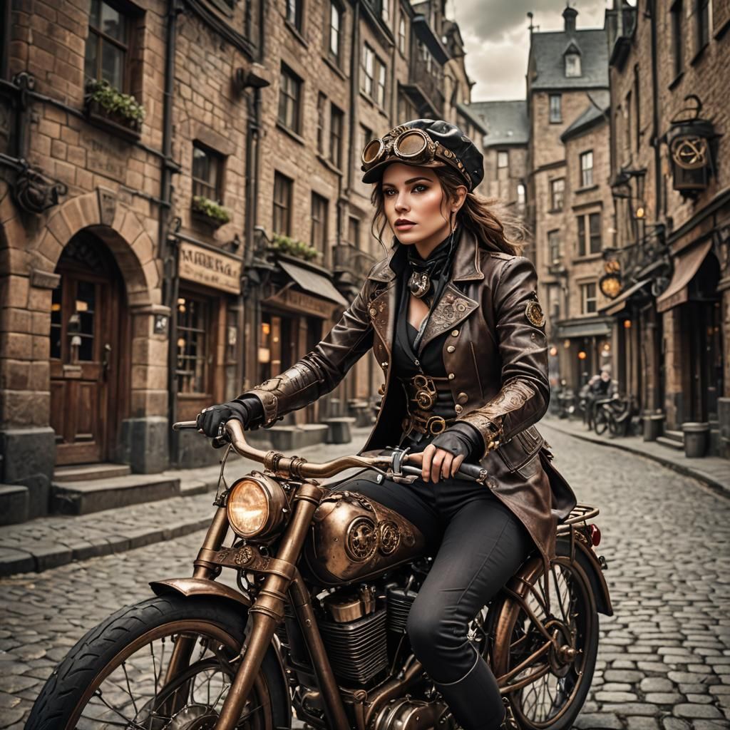 Steampunk Girl on Bike in Cityscape