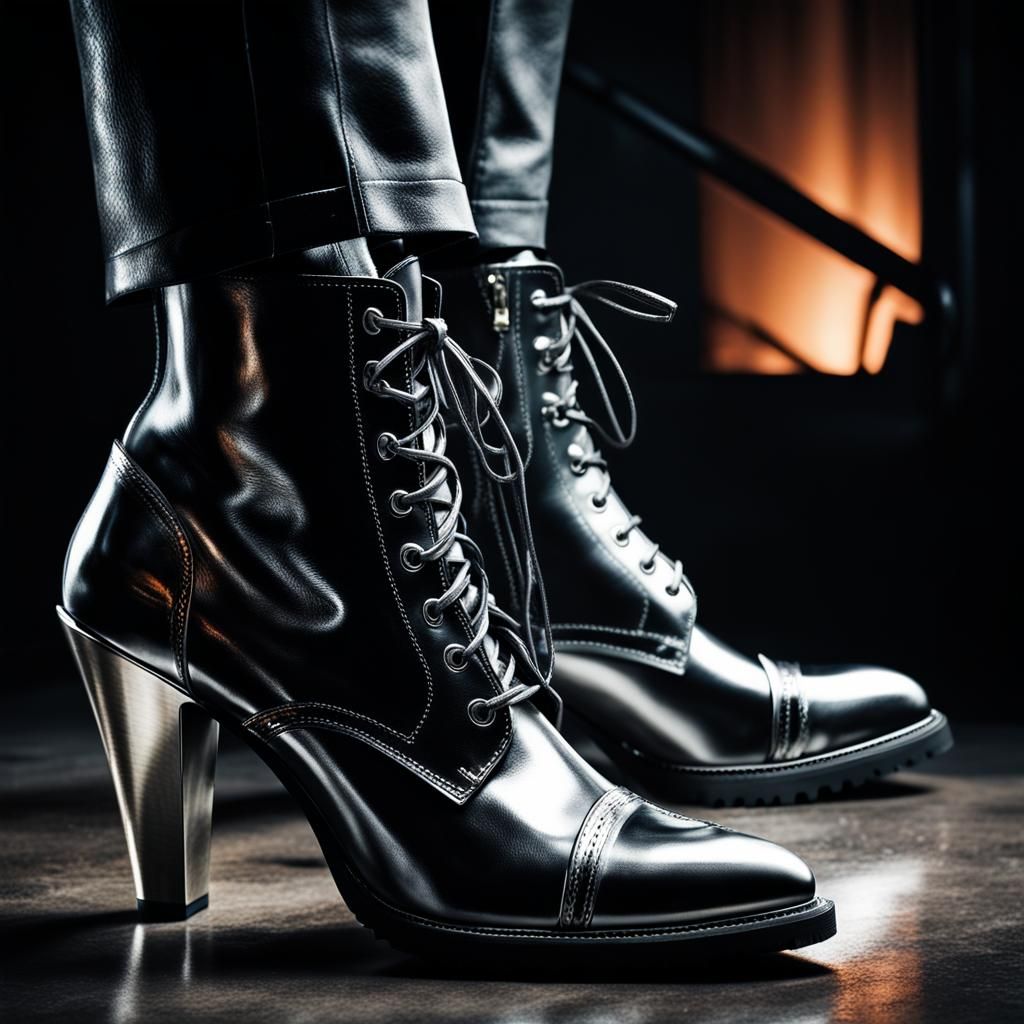 High-Heeled Steel-Toed Boot in Industrial Photo Style