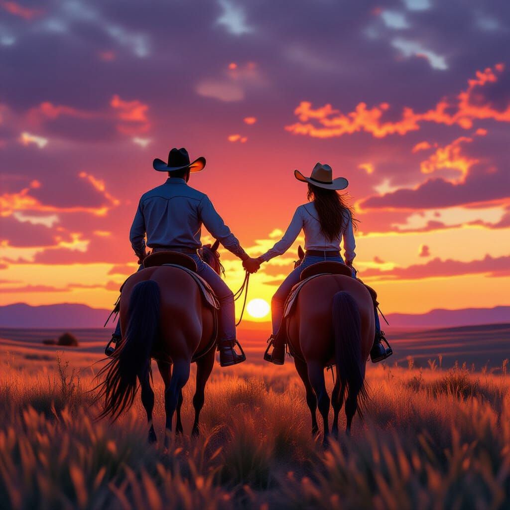 Cowboy and Cowgirl Ride Horses into Vibrant Sunset