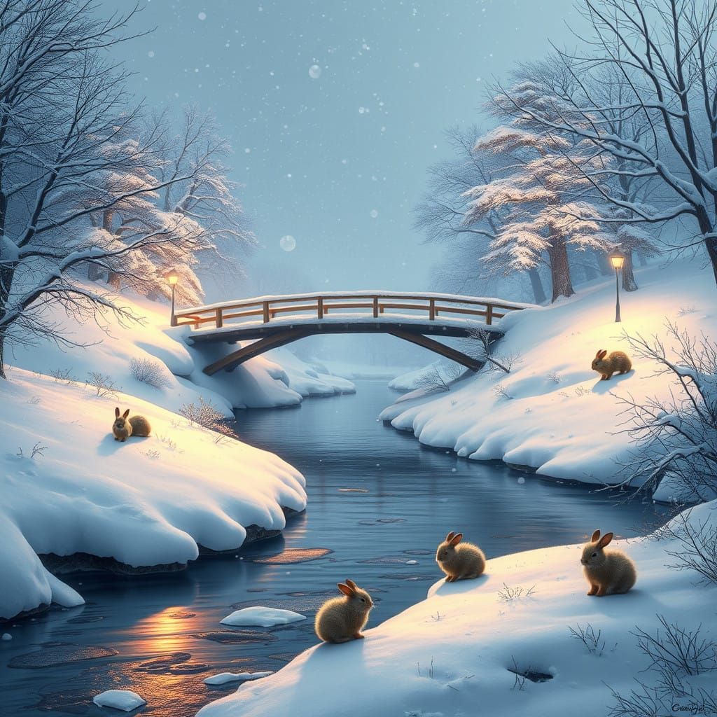 Winter Wonderland Scene with Frolicking Bunnies and Charming...