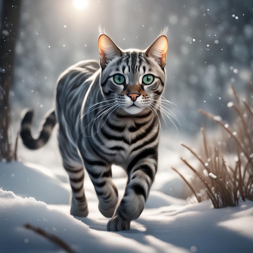 Grey Bengal Cat in Snowy Landscape