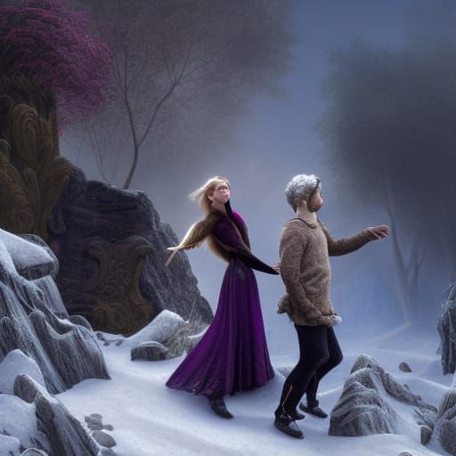 Romantic Frozen Scene with Ravens and Flowers