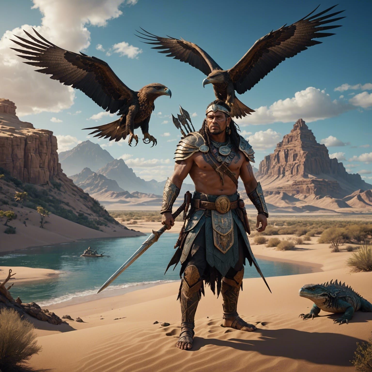 Maori Warrior in Desert Landscape: Detailed Matte Painting