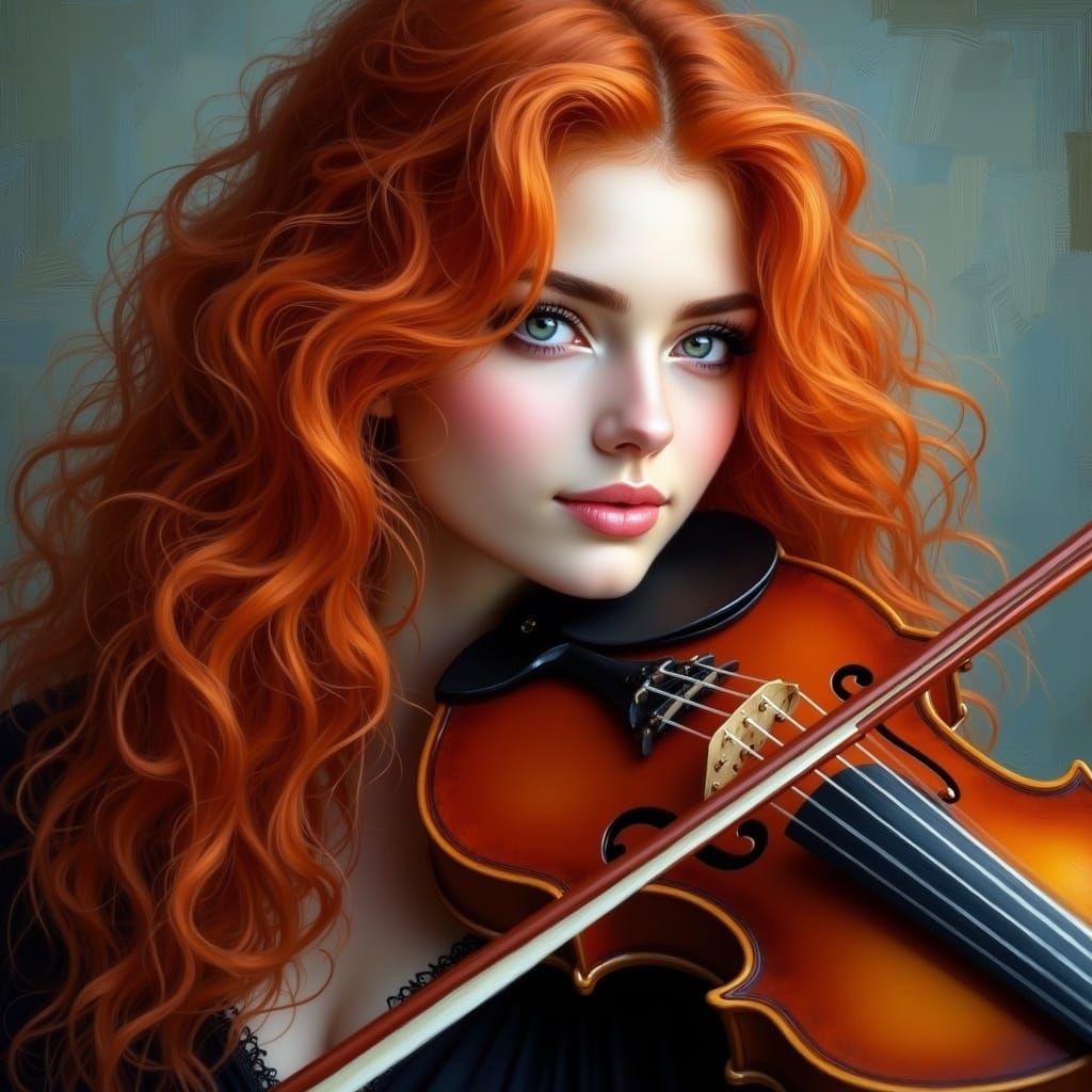 Gorgeous Red-Haired Woman Playing Fiddle in a Portrait