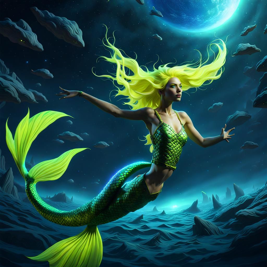 Mermaid Swimming in Night Sky: Fantasy Concept Art
