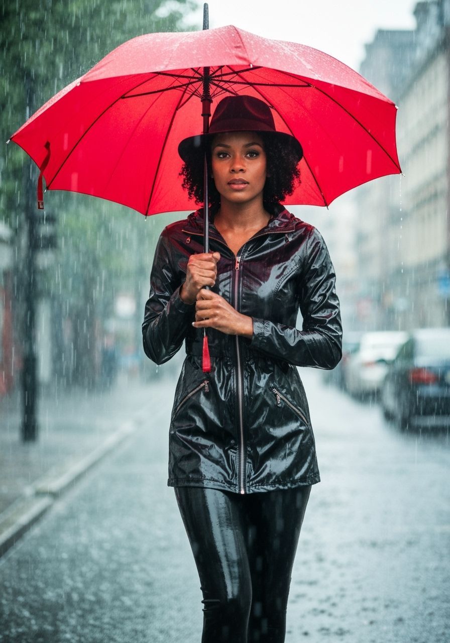 Woman in Rain Gear with Red Umbrella