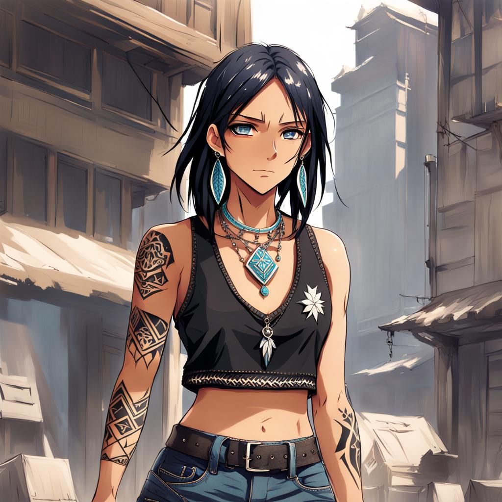 Native American Anime Girl with Black Tattoos