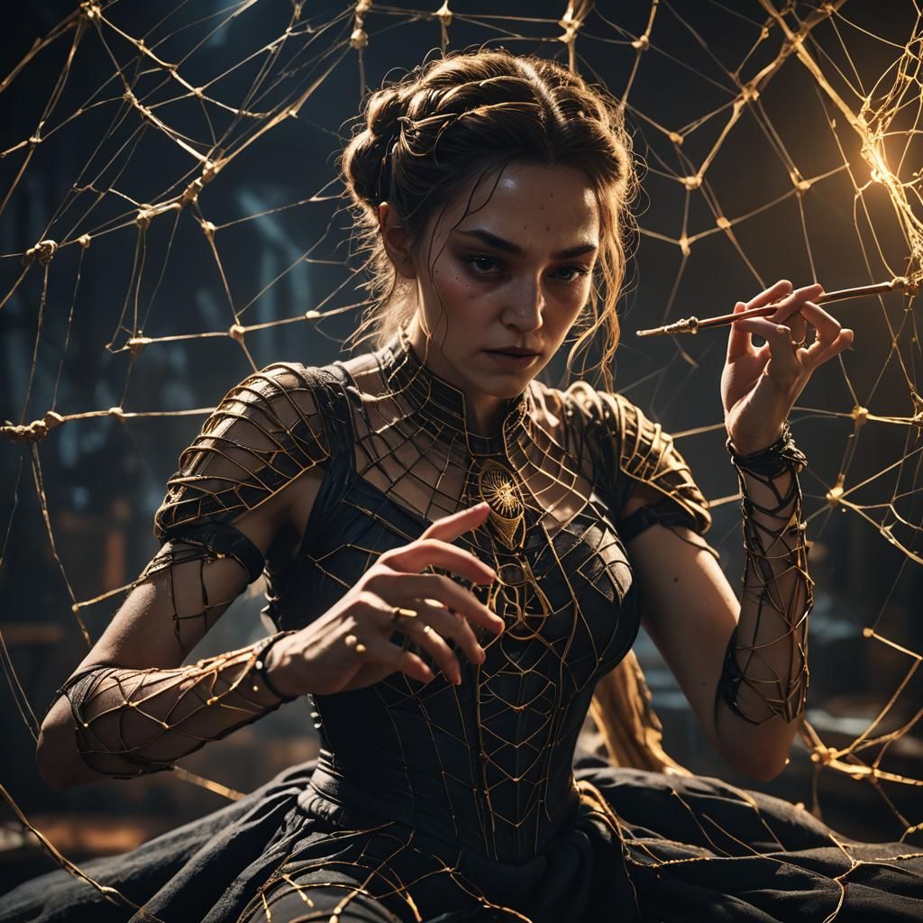 Arachne Plays Web Instrument in Cinematic Still