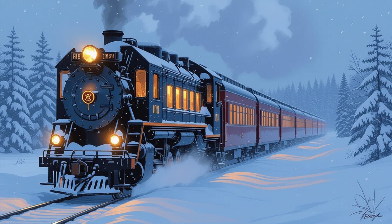 Vintage Train Emerges from Blizzard in Painterly Style