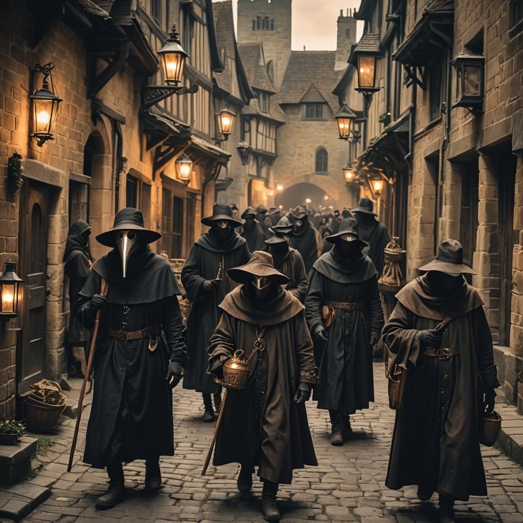 Plague doctors walking through medieval England