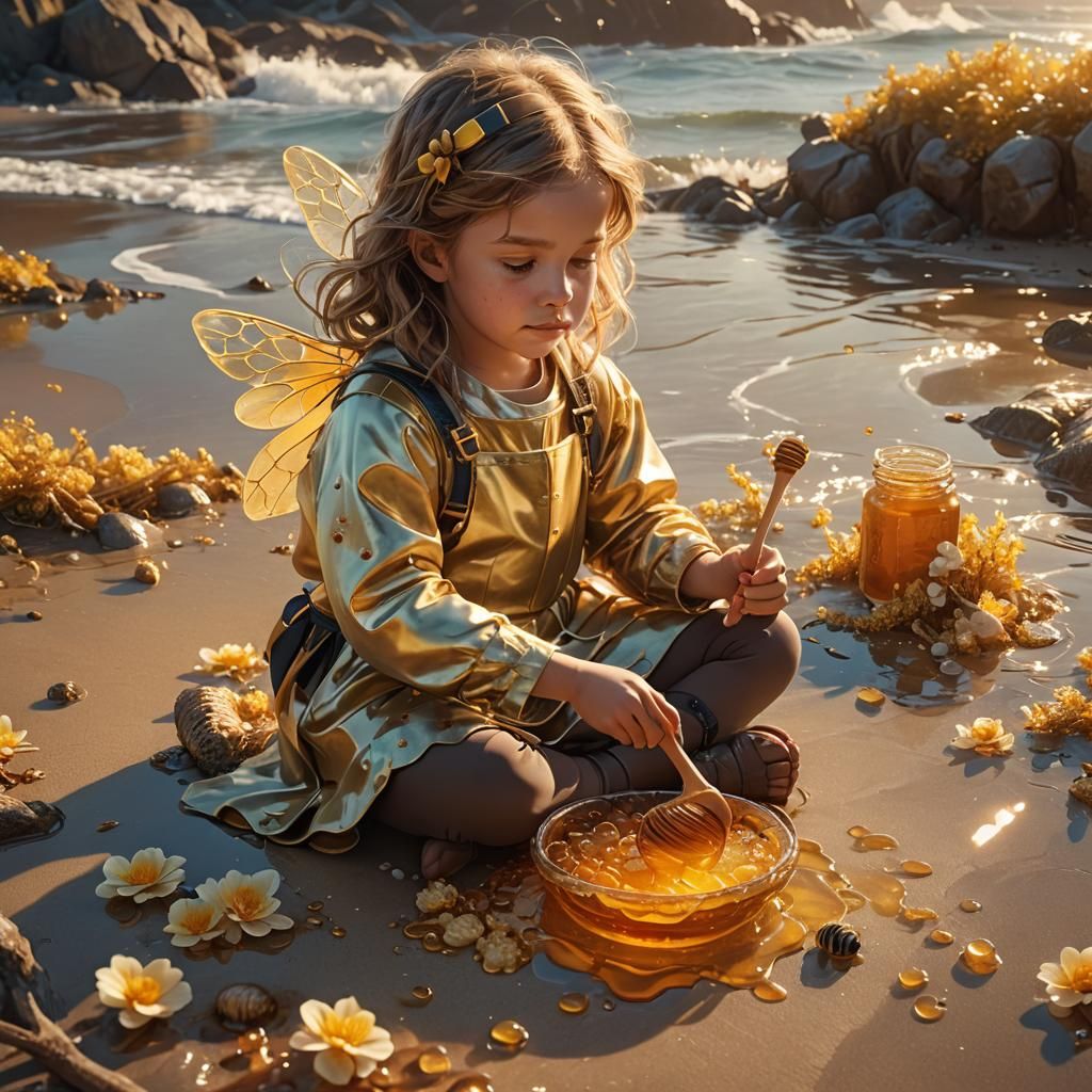 Bee Girl on Sunny Shore with Honey