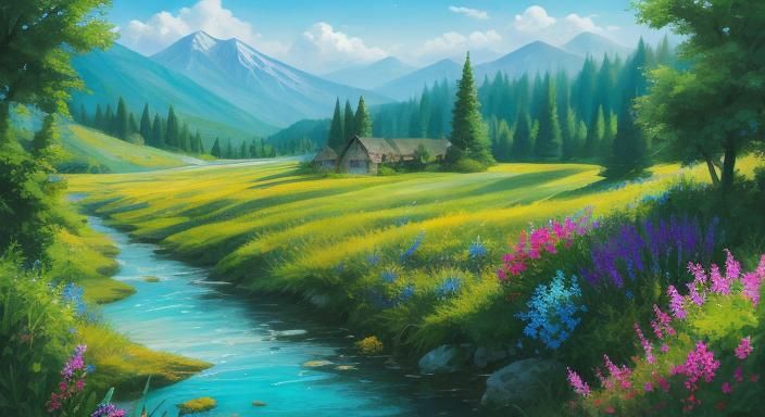 Beautiful Summer Landscape with Lake and Mountains