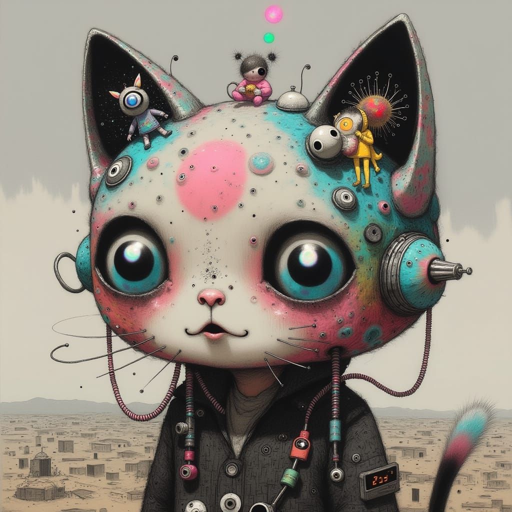 Bizarre, Dreamlike Cat-Shaped Toy in Whimsical Cyberpunk Sty...