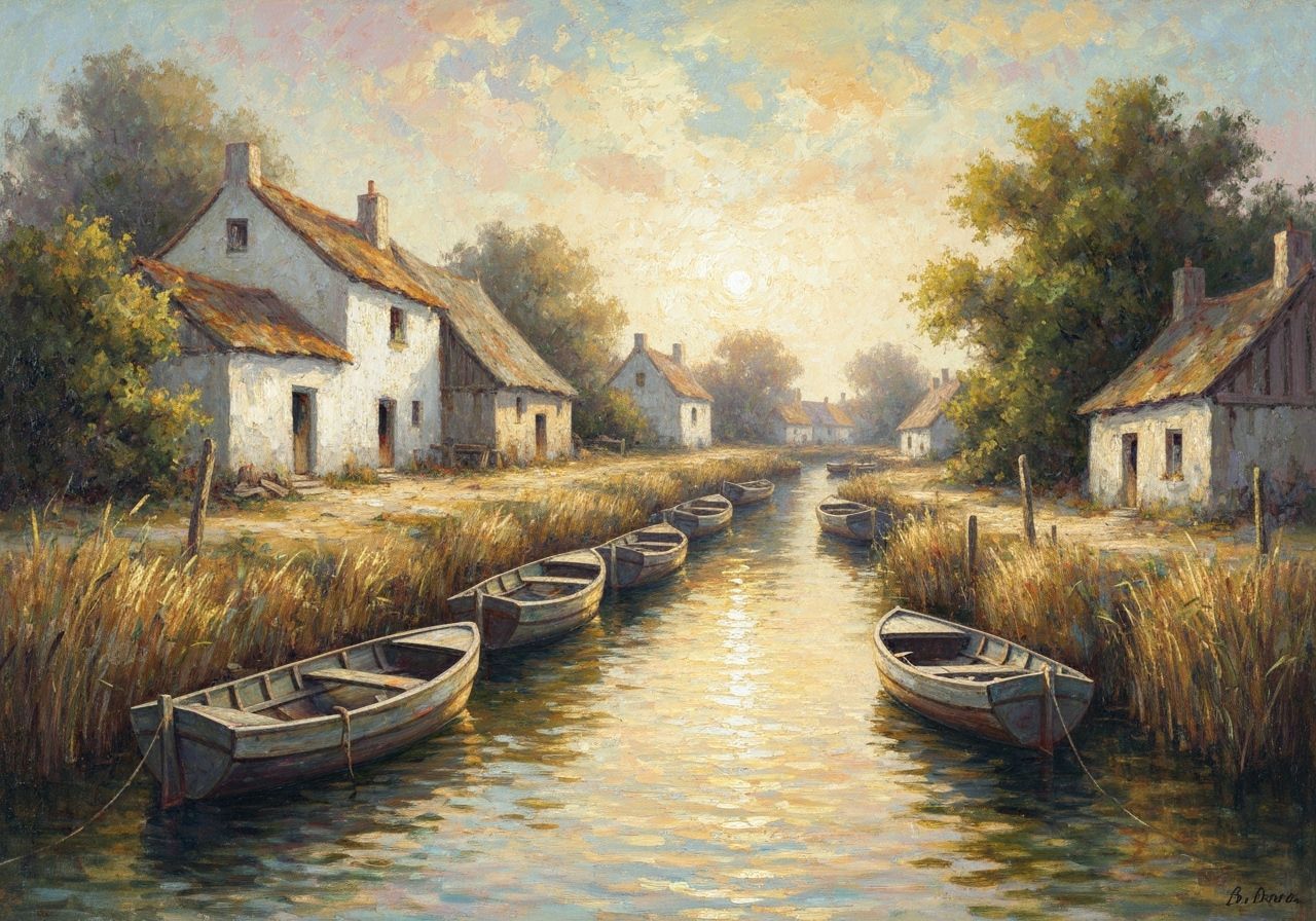 Sunset Fishing Village in Impressionist Style