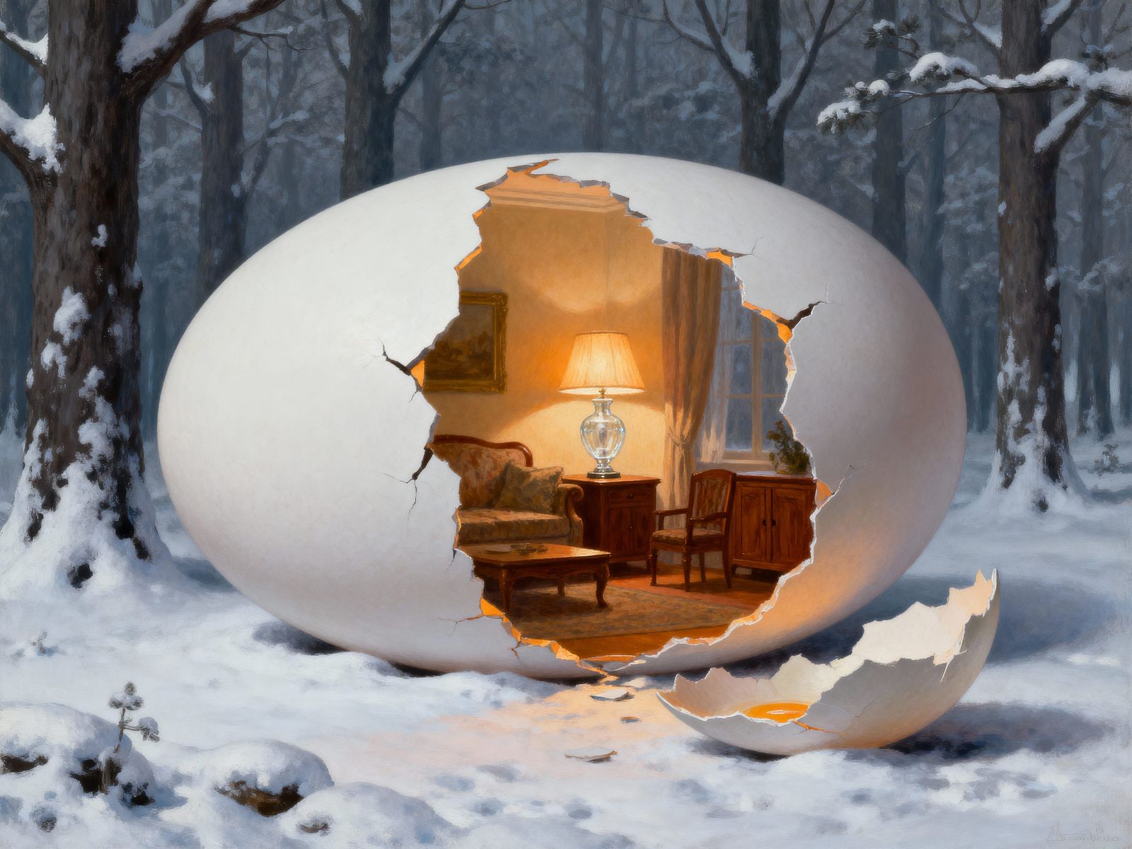 Gigantic Egg Reveals Cozy Living Room in Surreal Forest Scen...