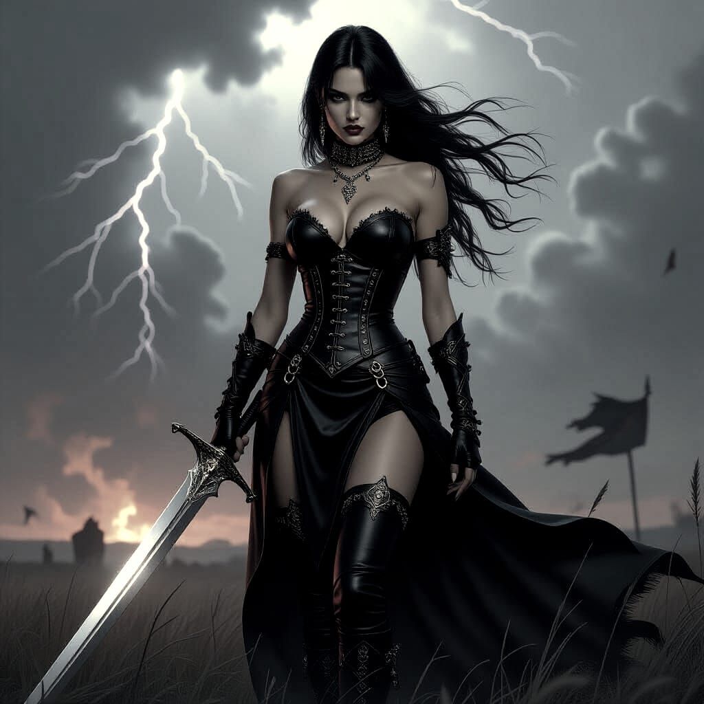 Goth Valkyrie on Battlefield in Dark Fantasy Style