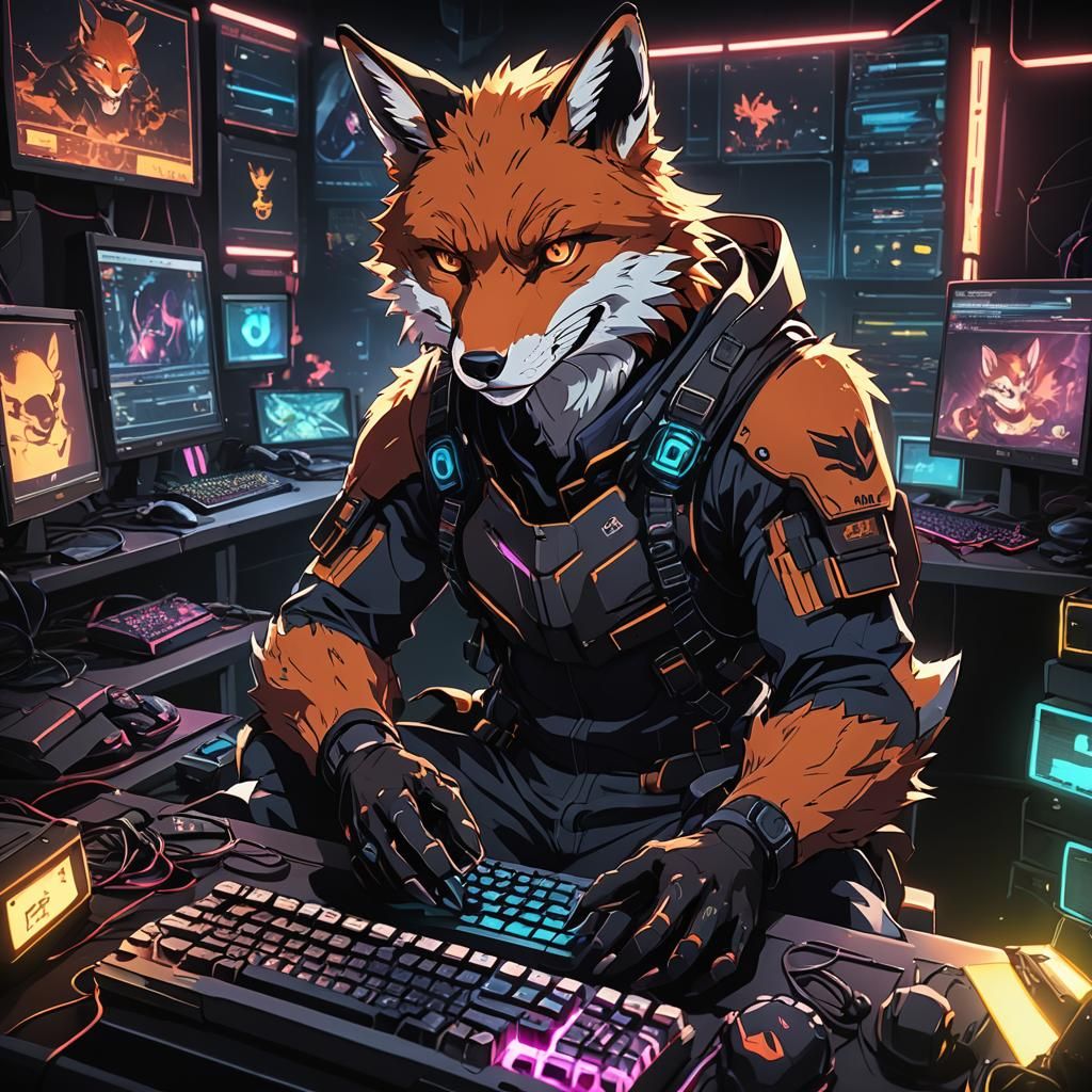 Anime Fox Gamer in Neon-Lit Room
