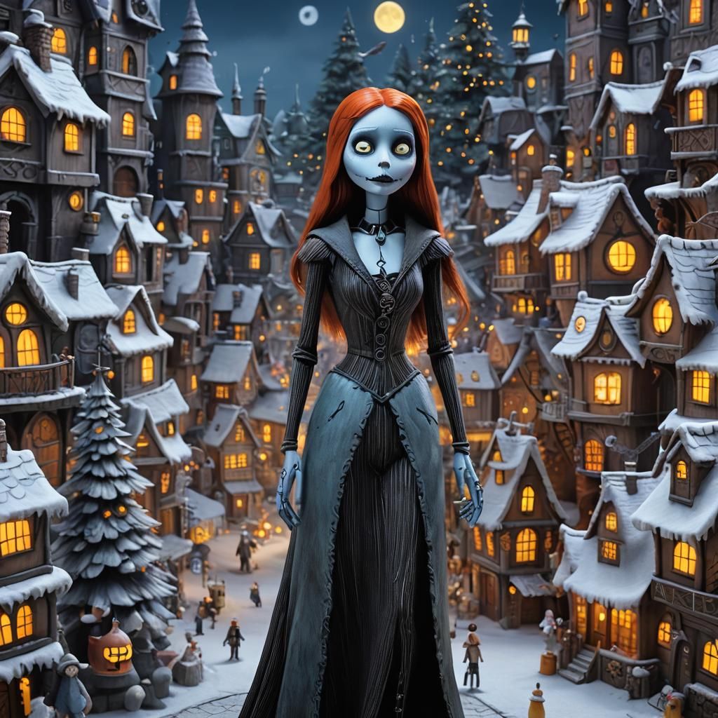 Hyperrealistic Sally in Christmas Town Scene