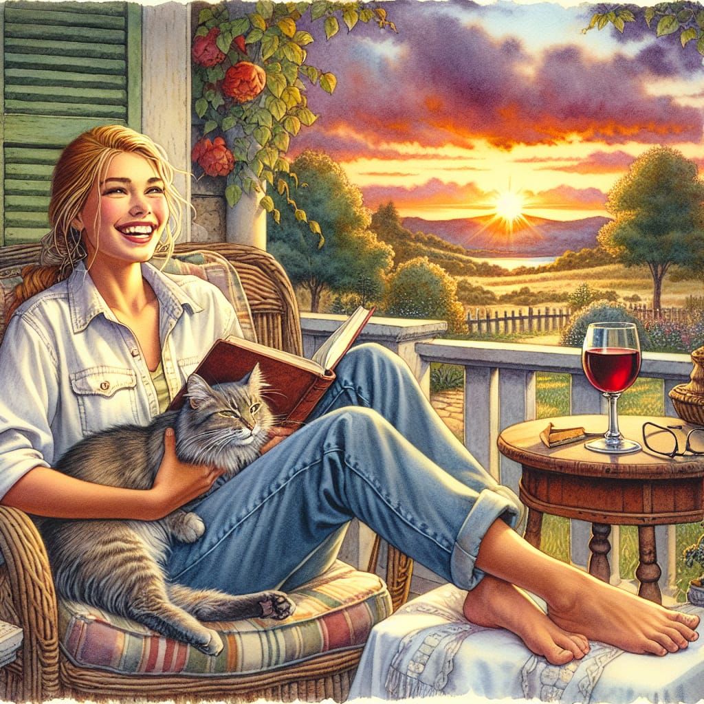 Radiant Woman Enjoying Sunset Read: Pre-1912 Illustration